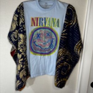 New Custom Nirvana Tshirt Upcycled With Kantha Quilt Women's Poncho Top One Size